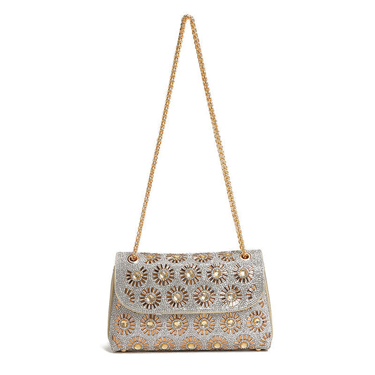 Bolso de hombro floral, bolso de cena para fiesta, bolso cruzado con cadena y diamantes de imitación. 