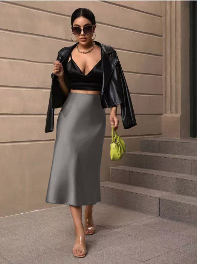 Hip Wrapped Fishtail Skirt Satin Mid Length Skirt Autumn Women Clothing Direct