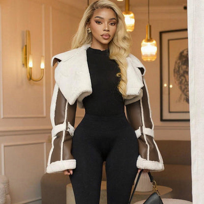 女裝街頭仿皮拼接短毛領短外套