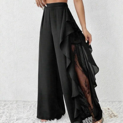 Women Wide Leg Pants High Waist Slit Irregular Asymmetric Lace Mesh Lace Draping Long Pants