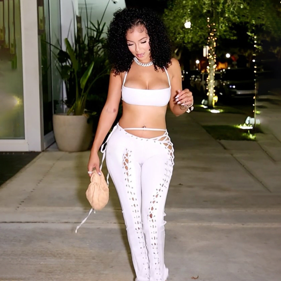 Women Sexy Lacing Vest Street Lace up Trousers Two Piece Set