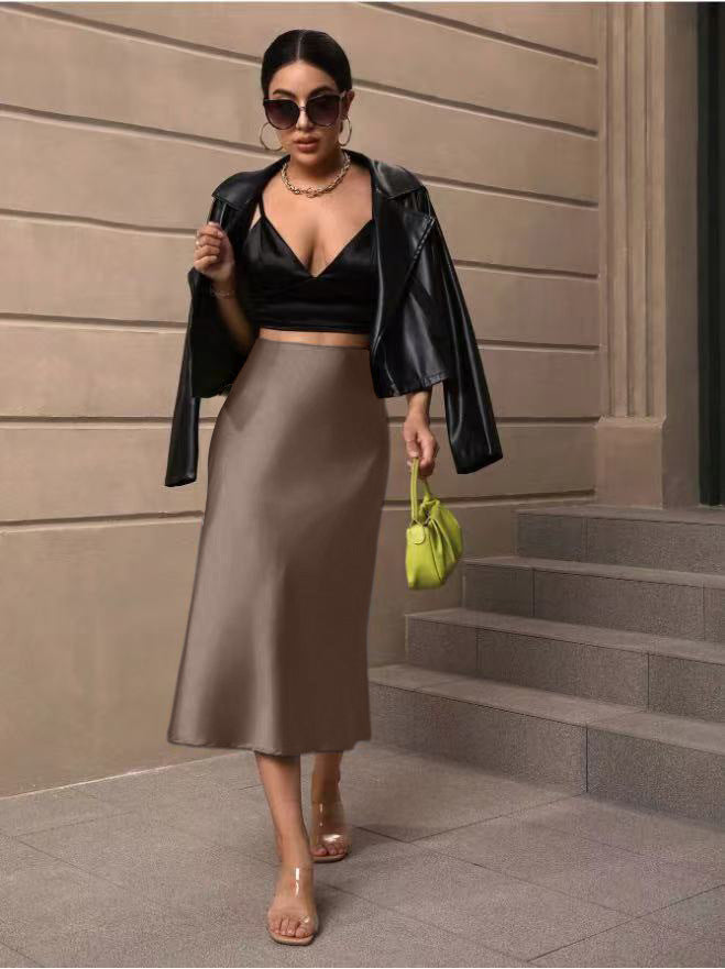 Hip Wrapped Fishtail Skirt Satin Mid Length Skirt Autumn Women Clothing Direct