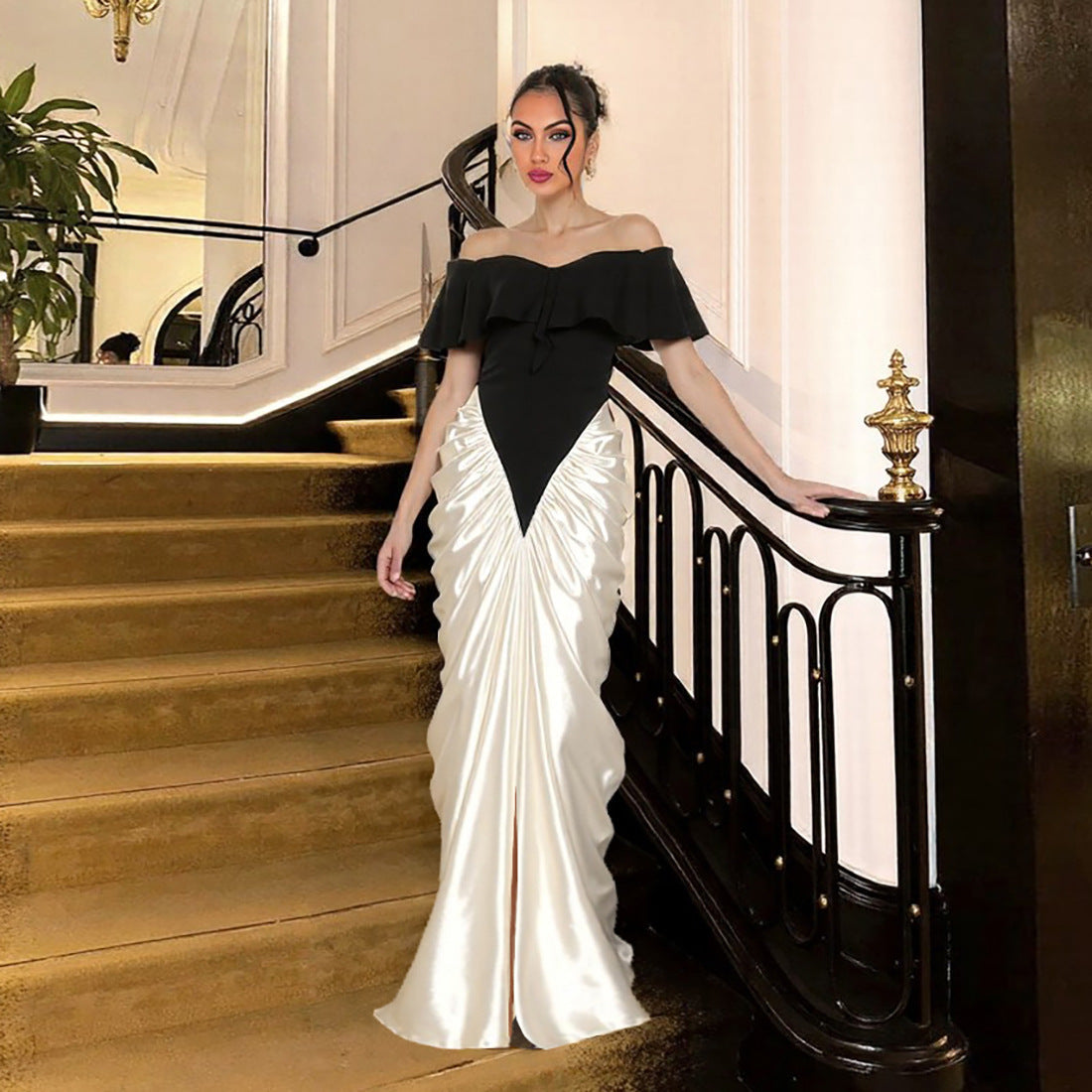 Vestido elegante y sexy de otoño e invierno para mujer, sin tirantes, con volantes en la cintura y color contrastante en la cadera.