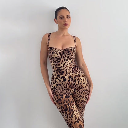 Spring Sexy Sling Backless Leopard Print High Waist Tight Hip Lifting Jumpsuit