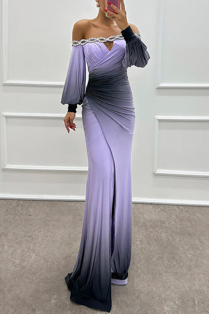 Vestido de fiesta informal con estampado de manga larga y hombros descubiertos para otoño e invierno para mujer