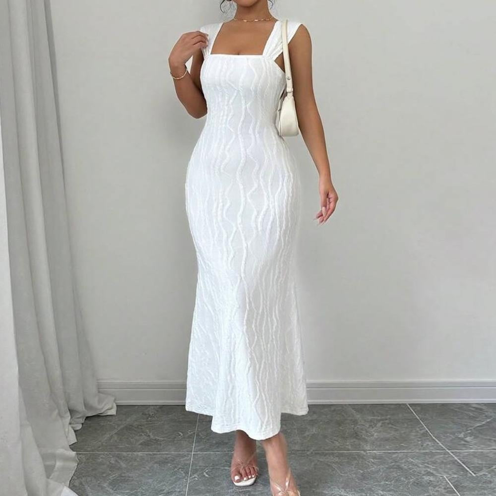 條紋性感方領吊帶露背長裙