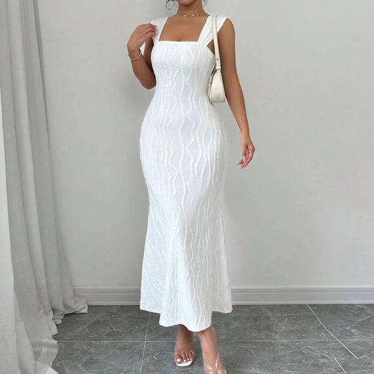 條紋性感方領吊帶露背長裙