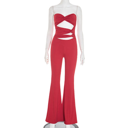 Women Clothing Autumn Solid Color Strapless Sleeveless Slim Hollow Out Cutout Backless Twisted Knot Jumpsuit