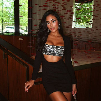 性感女裝夜店水鑽緊身胸衣鏤空收臀洋裝性感洋裝