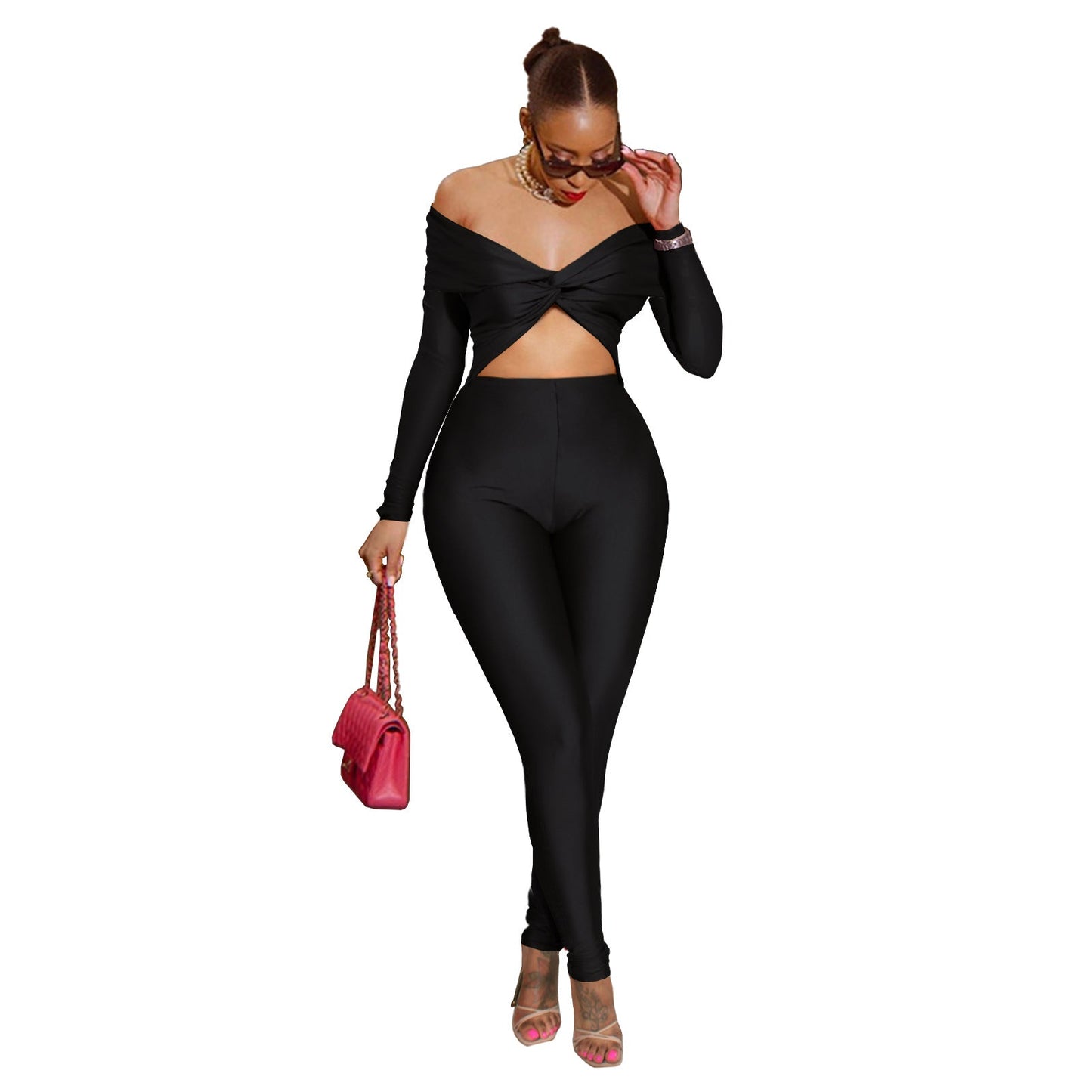 Women Clothing Collared Twist Hollow Out Cutout Cropped Sexy High Waist Long Sleeve Jumpsuit