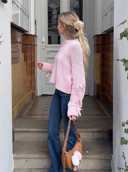 Women Clothing Autumn Winter Simple Bow Sleeve Short Loose Pullover