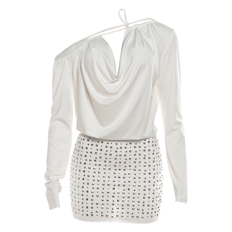 Autumn Winter Women Clothing Sexy Backless Lace up off Shoulder Bag Hip Nail Dress