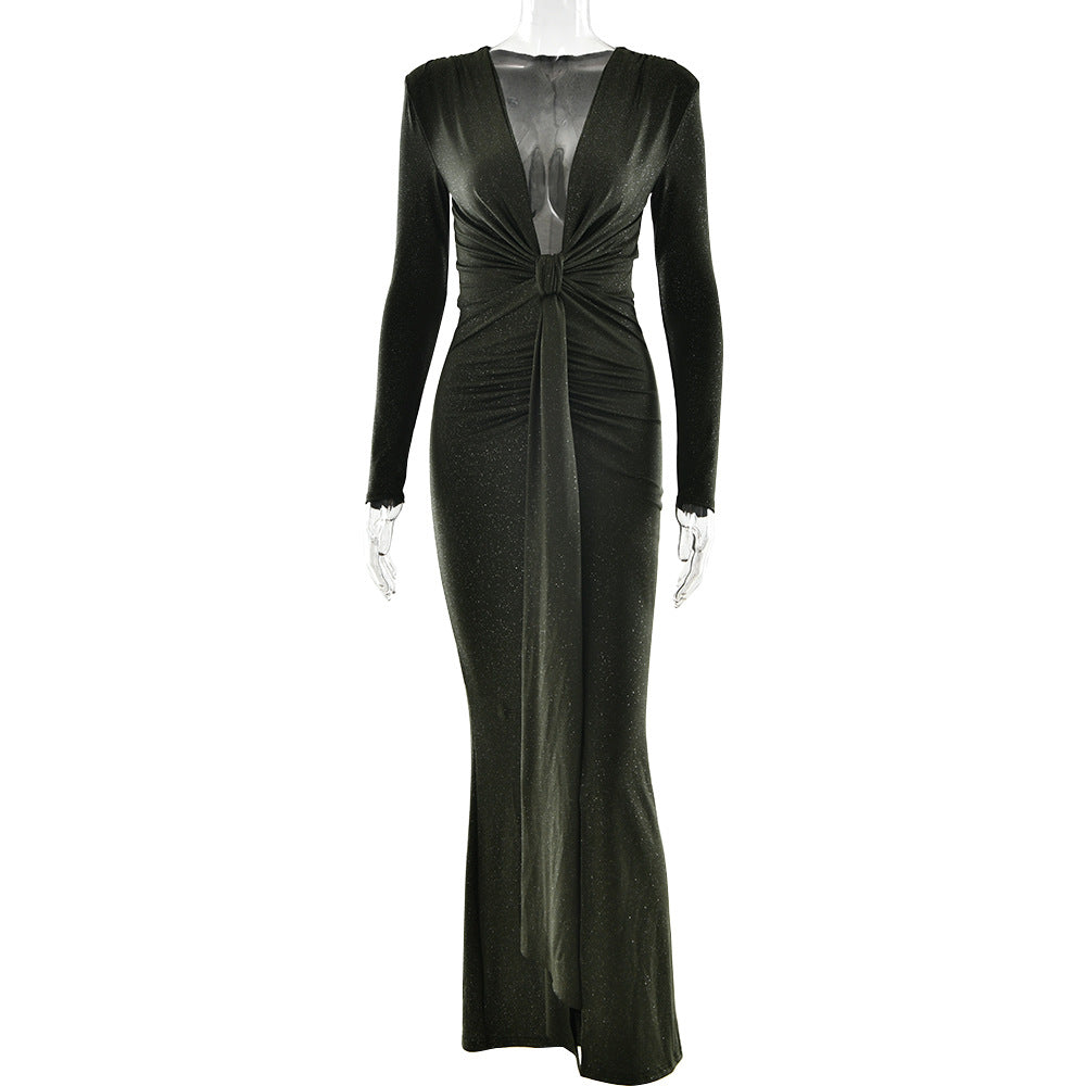 秋冬性感深V領緞帶連身裙，性感開衩修身連身裙