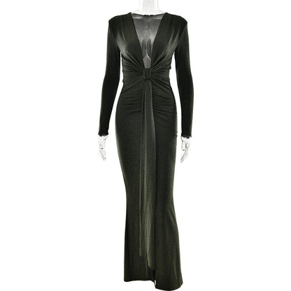 秋冬性感深V領緞帶連身裙，性感開衩修身連身裙