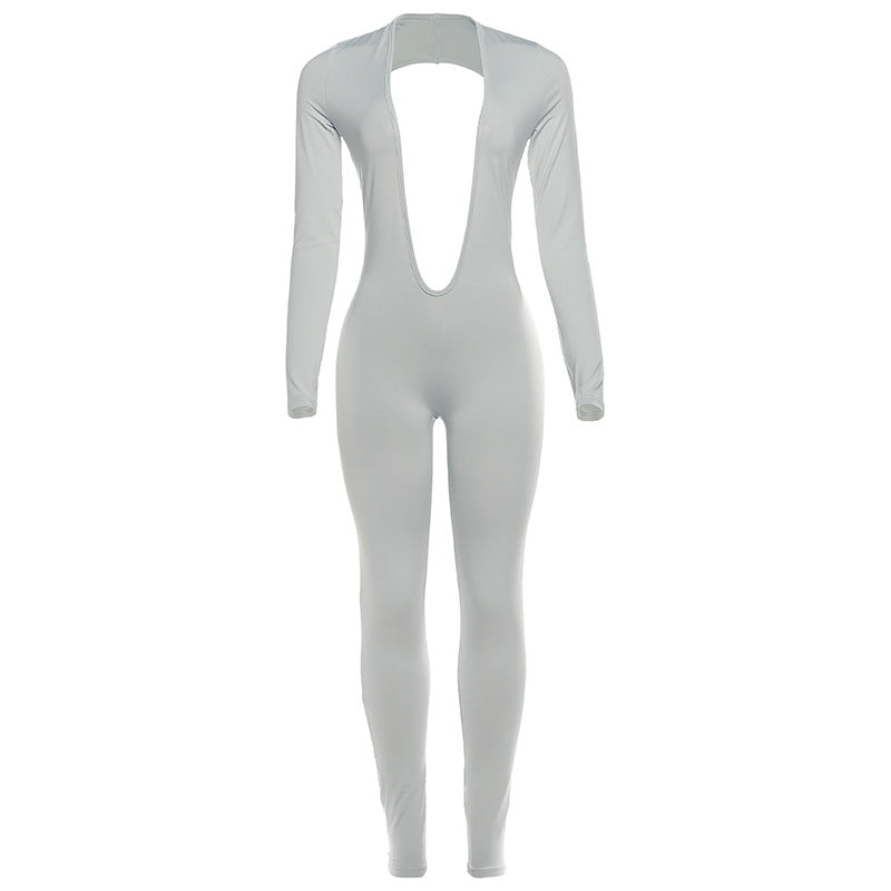 Fall Women Clothing Sexy Backless Deep V Plunge Long Sleeve Solid Color Tight Jumpsuit
