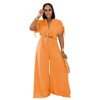 Women Wear Casual Solid Color V neck Lace up Wide Leg Jumpsuit