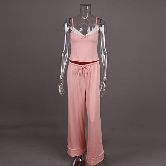 Patchwork Suspender Trousers Waist of Trousers Drawstring Bow Two Piece Sets Pajamas Casual Comfortable Homewear