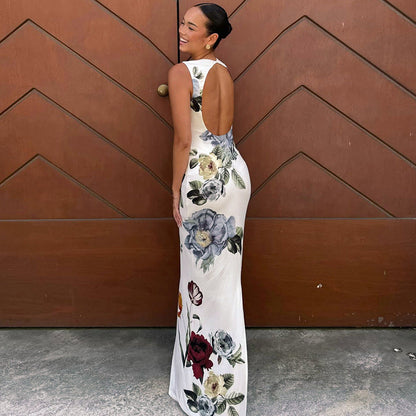 Fashionable Elegant round Neck Sleeveless Pullover Plant Floral Print Slim Fit Maxi Dress