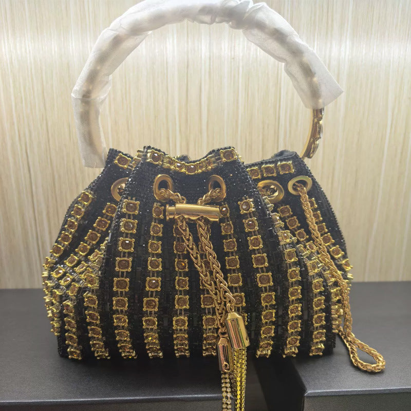 Bolso de cena con cadena de diamantes de imitación refinados, bolsos tipo cubo sencillos y completamente enjoyados 