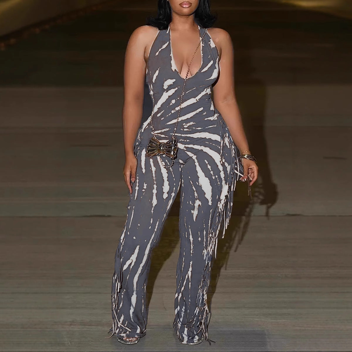 Elegant Sexy Slim Fit Stretch Backless Tassel Printed Halter Strap Micro Pull Jumpsuit