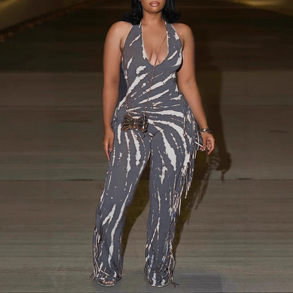 Elegant Sexy Slim Fit Stretch Backless Tassel Printed Halter Strap Micro Pull Jumpsuit