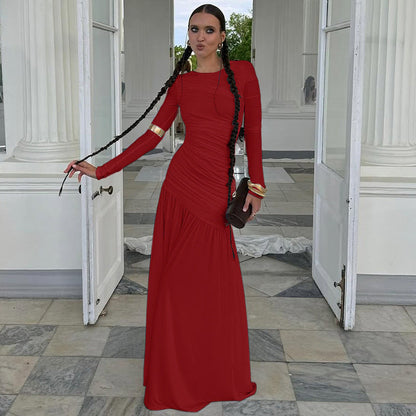 女款夏季修身褶皺圓領長袖洋裝暢銷款