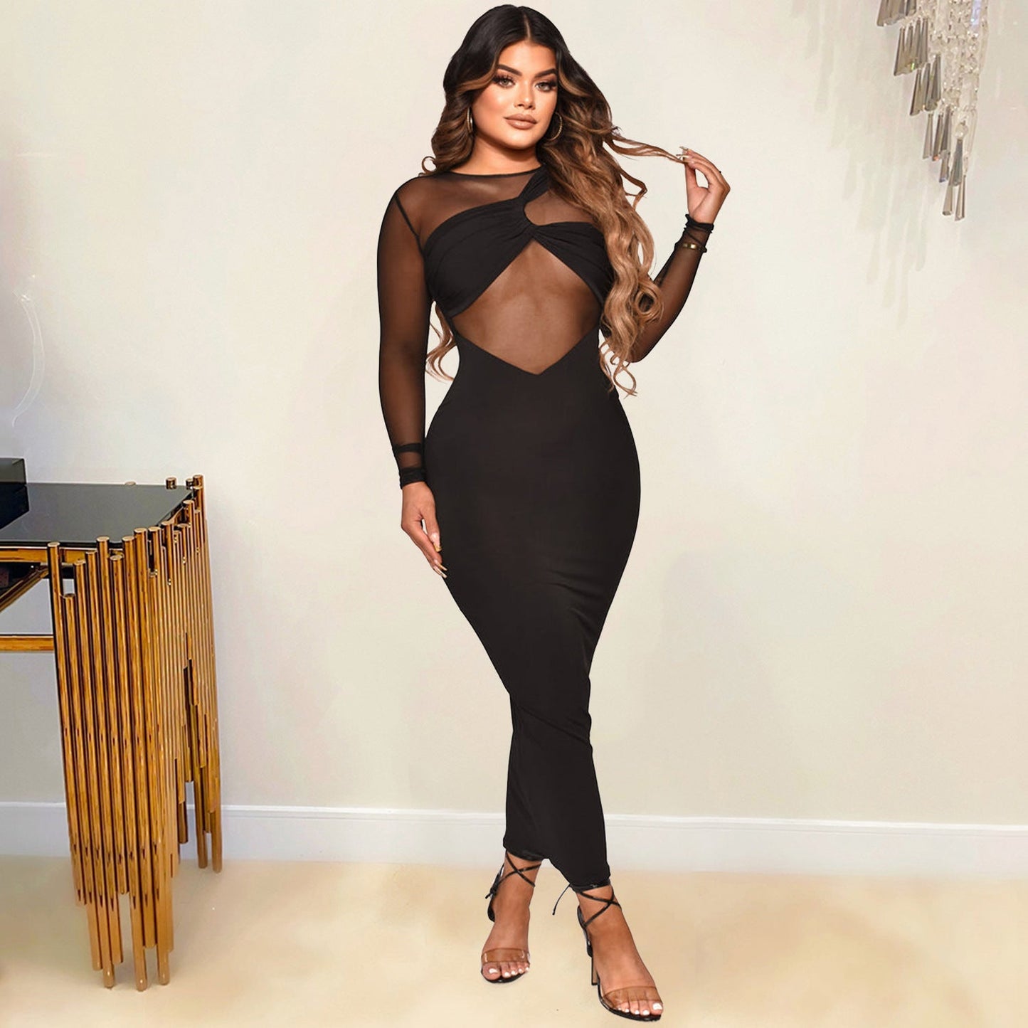 Women Clothing Sexy Tight Mesh See-through Solid Color Long Sleeve Dress for Women