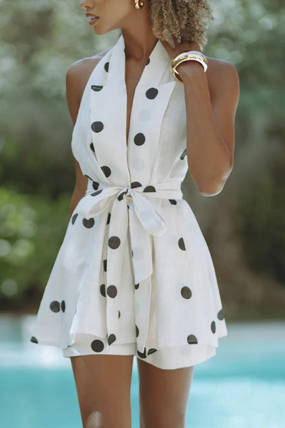 Conjunto de dos piezas holgado de manga corta con cuello halter sin mangas y estampado para primavera y verano para mujer