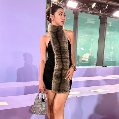 Fall Women Clothing Sexy Halter Backless Plush Stitching Contrast Color Sheath Dress