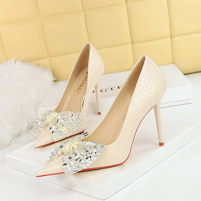 Korean Cocktail High Heels Stiletto Heel Shallow Mouth Pointed Toe Rhinestone Bow Pumps Women