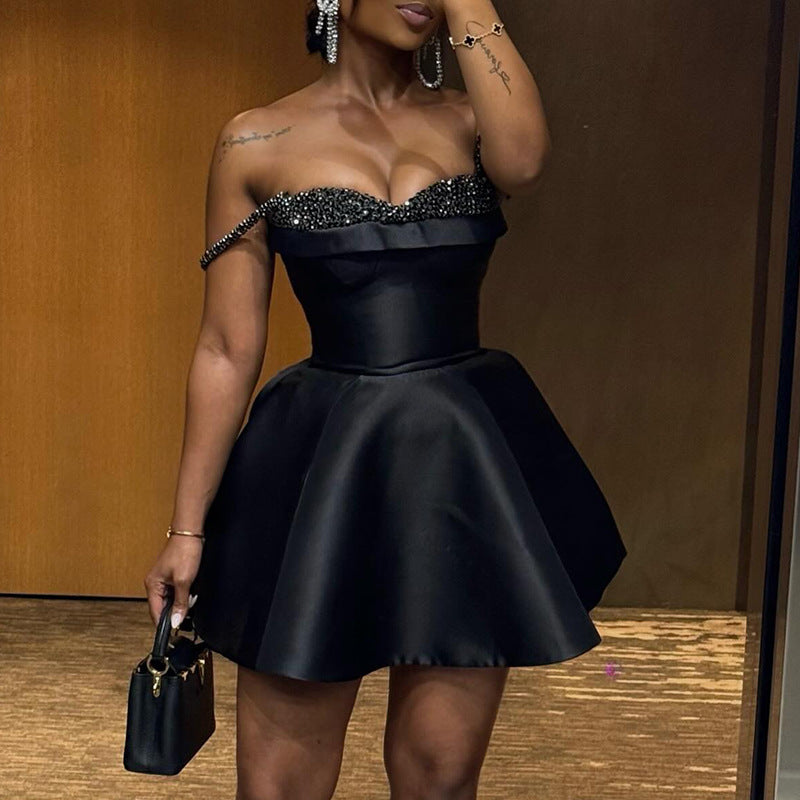 Women Clothing Autumn Elegant Sequin Stitching Bandeau Sling Dress Short Dress