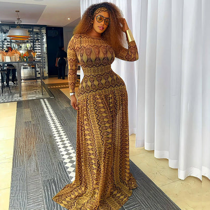 Elegant Retro Women Waist Slimming Micro Transparent A line Printing round Neck Long Sleeved Dress