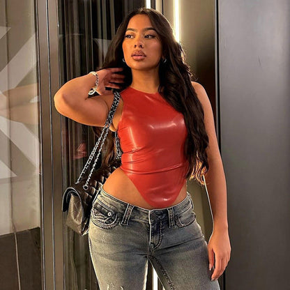 Women Clothing Leather Simple Sexy round Neck Sleeveless Irregular Asymmetric Hem Top Small Vest for Women