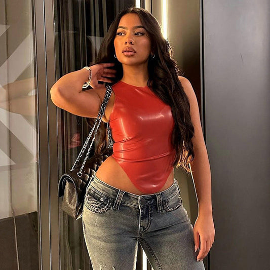 Women Clothing Leather Simple Sexy round Neck Sleeveless Irregular Asymmetric Hem Top Small Vest for Women