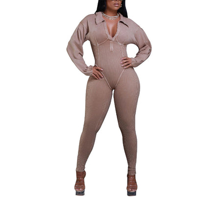 Women Clothing V Neck Gigot Sleeve Tight Stitching Jumpsuit Autumn Winter