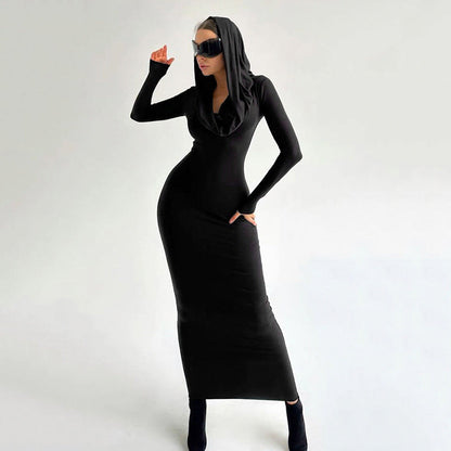 Women Solid Color Hooded Long Sleeve Dress Party Sexy Dress