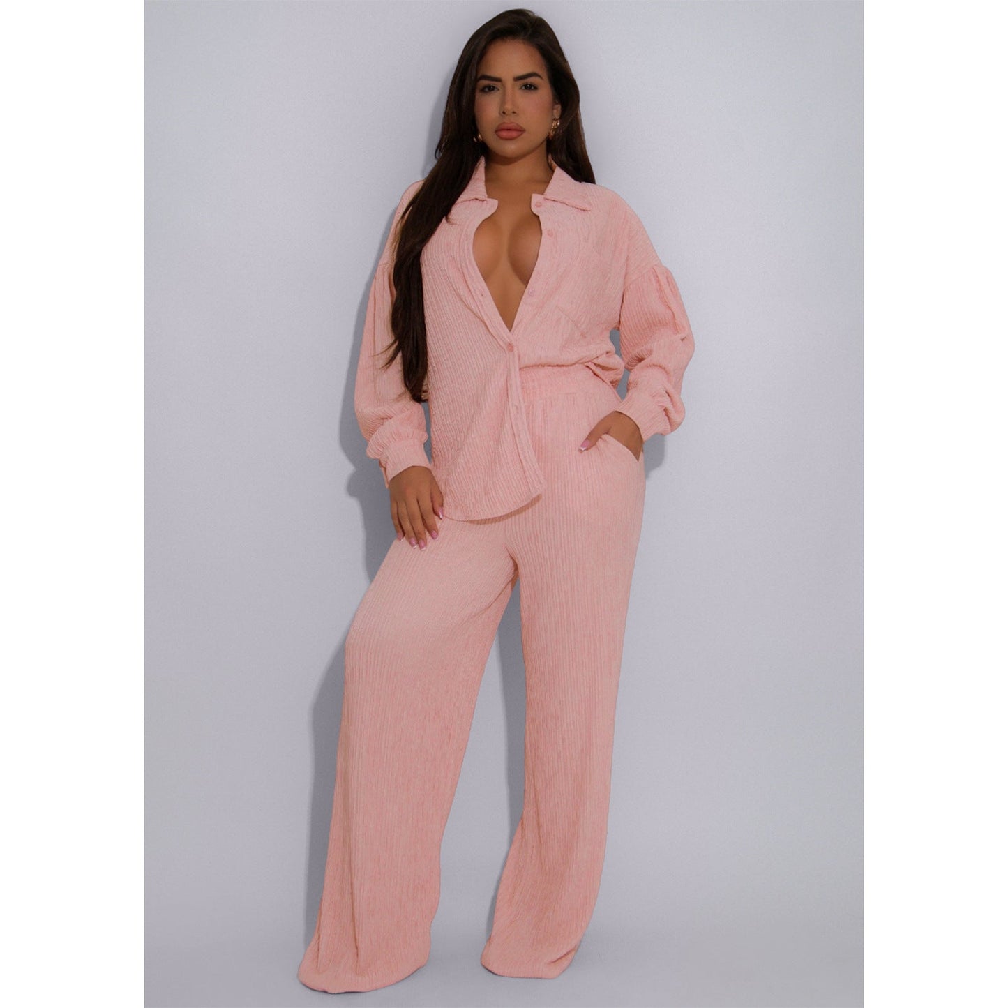 Women Elastic Crumpled Lace up Multi Pocket Swing Pants Wide Leg Pants Two Piece Sets