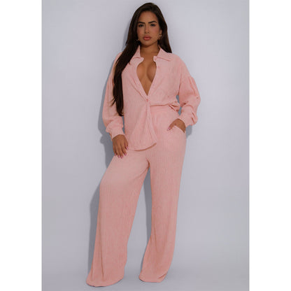 Women Elastic Crumpled Lace up Multi Pocket Swing Pants Wide Leg Pants Two Piece Sets