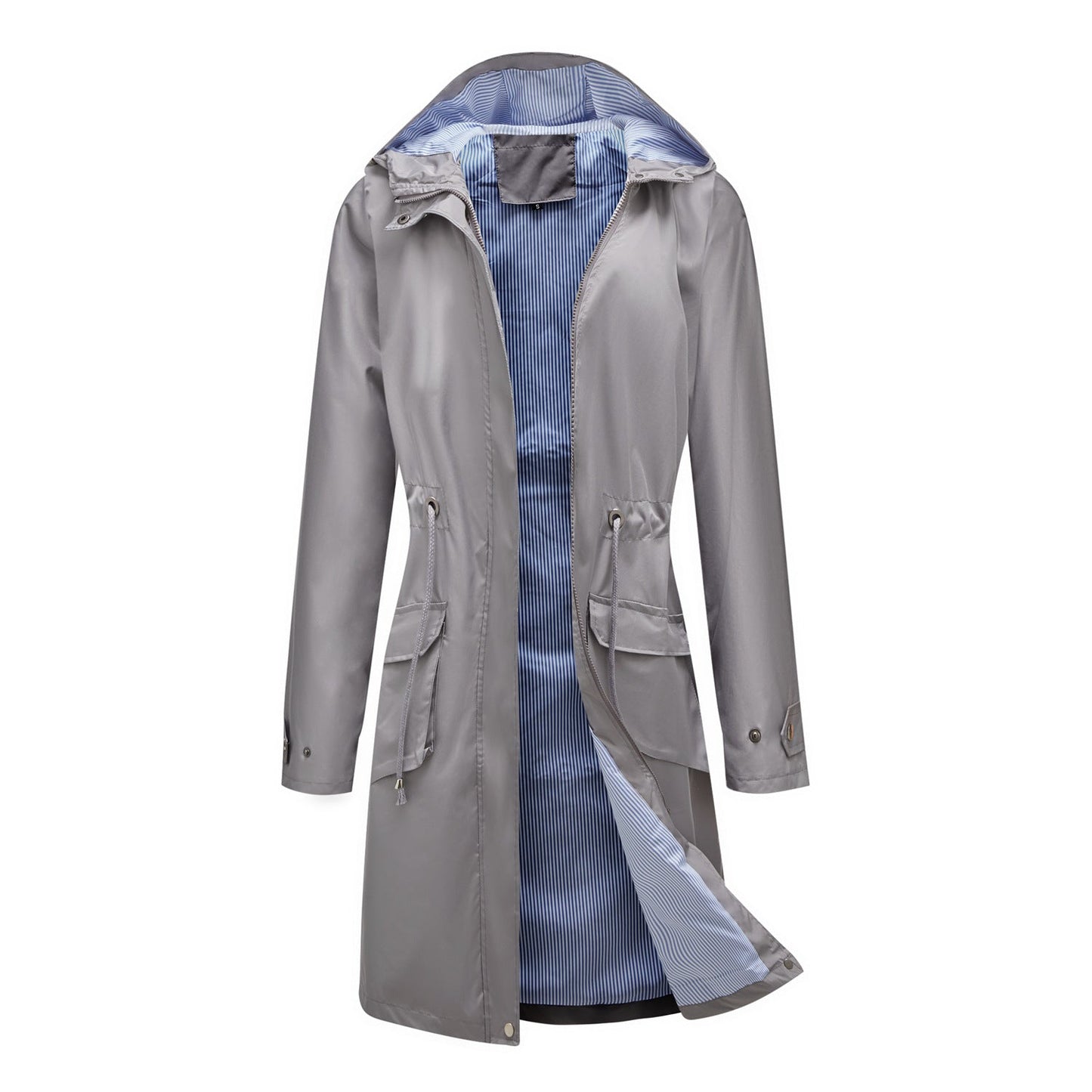 Spring Autumn Long Casual Trench Coat Women Waterproof Hooded Solid Color Top Striped Lining Straight Coat