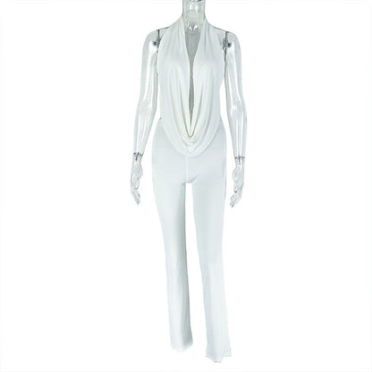 Halter Swing Collar Solid Color Commuting Pants Set Backless Lace up Top Tight Trousers Two Piece Set