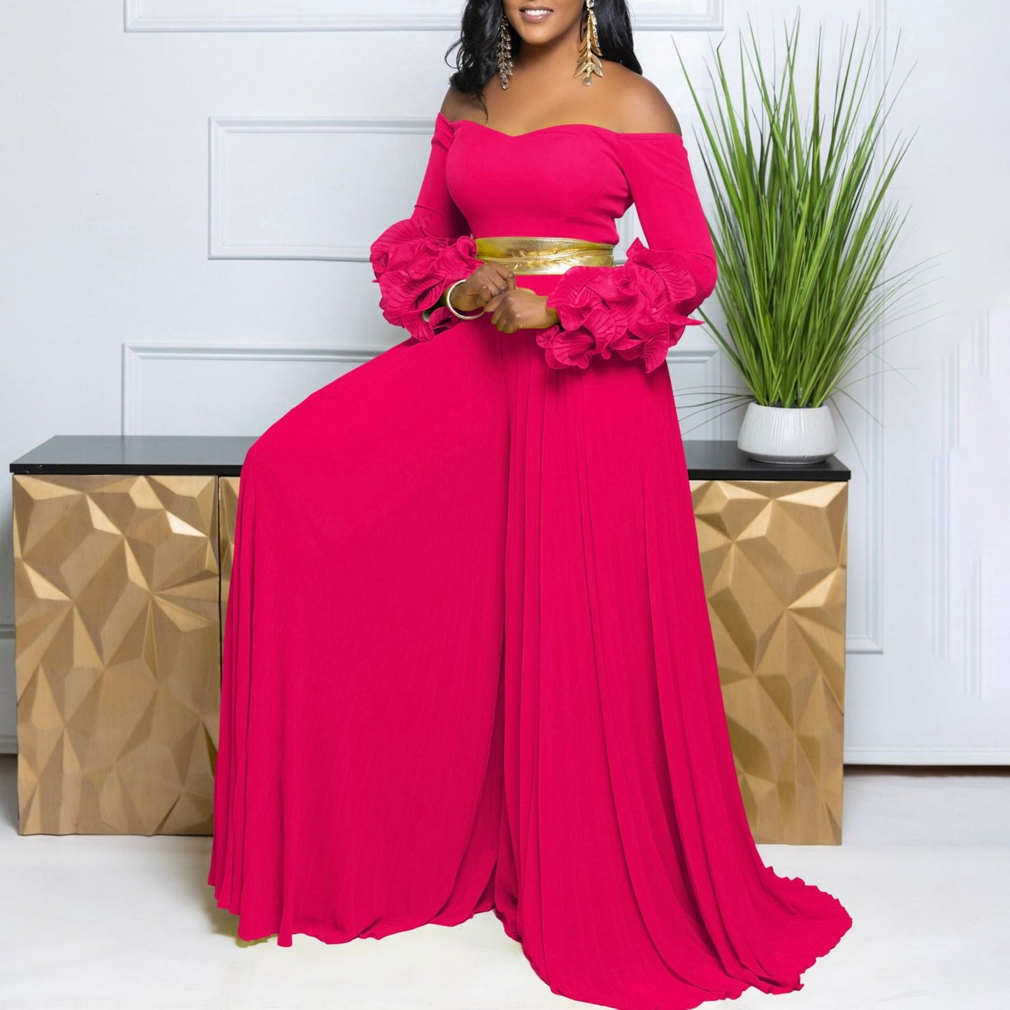 Off Neck Ruffle Sleeve Solid Color Pleated Wide Leg Jumpsuit