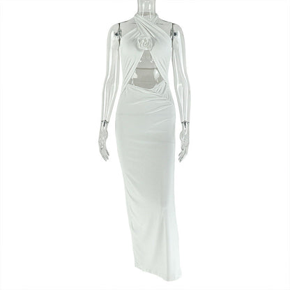 Women Clothing Hollowed Split Pleated Backless Hip Dress Cross Halterneck Solid Color Length Dress