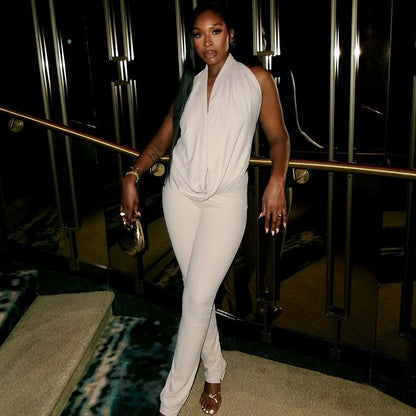Halter Swing Collar Solid Color Commuting Pants Set Backless Lace up Top Tight Trousers Two Piece Set