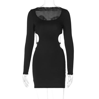 Women Clothing Spring Solid Color Sexy Waist Hollow Out Cutout out Lace up Slimming Slim Dress