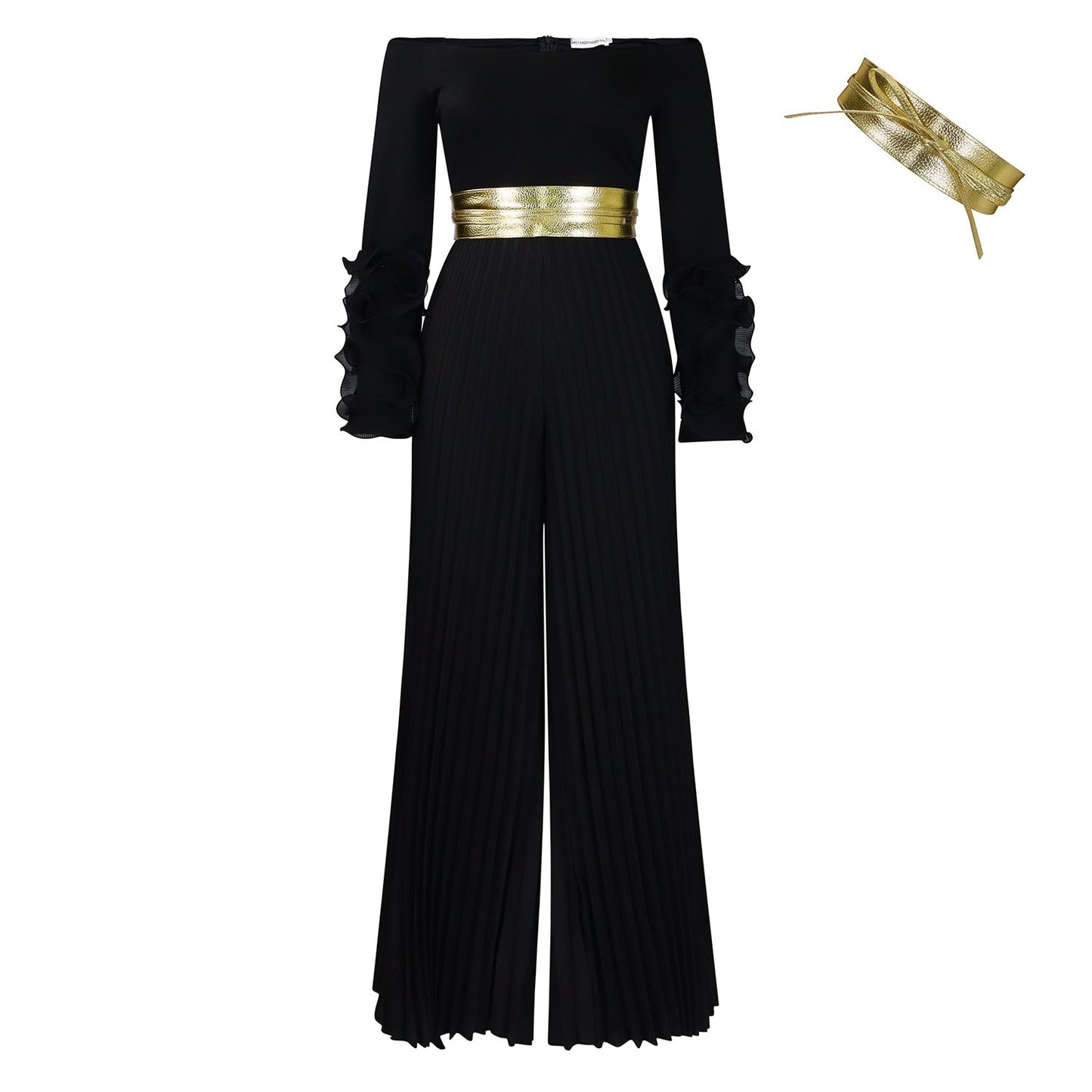 Off Neck Ruffle Sleeve Solid Color Pleated Wide Leg Jumpsuit