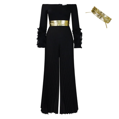 Off Neck Ruffle Sleeve Solid Color Pleated Wide Leg Jumpsuit