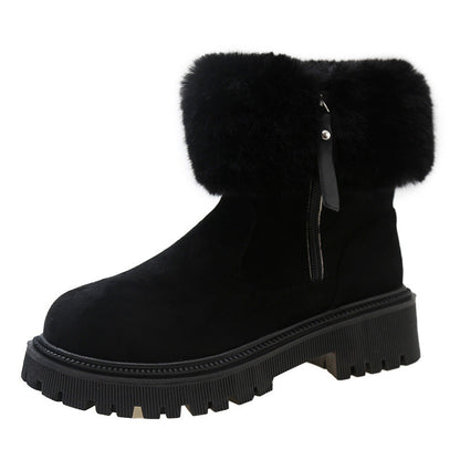 Furry Short Tube Platform Snow Boots Women round Toe Side Zipper Velvet Warm Cotton Shoes