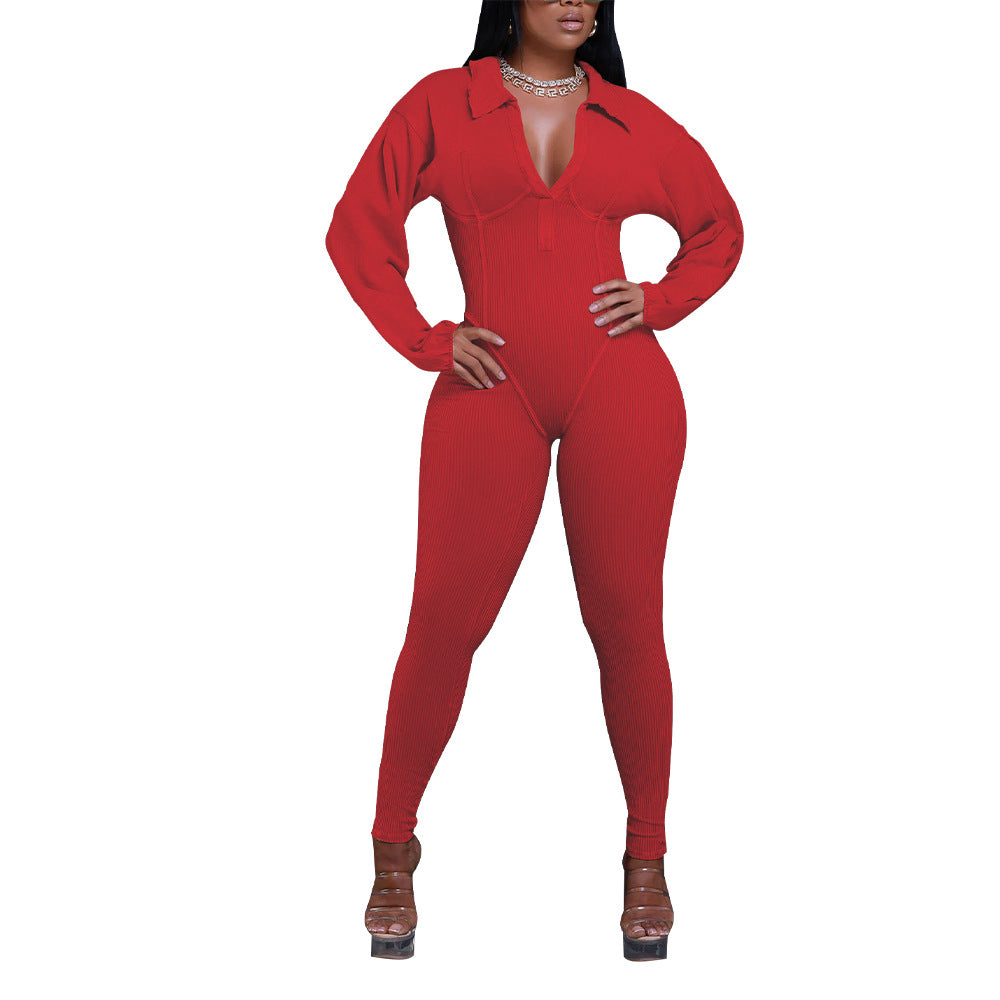 Women Clothing V Neck Gigot Sleeve Tight Stitching Jumpsuit Autumn Winter