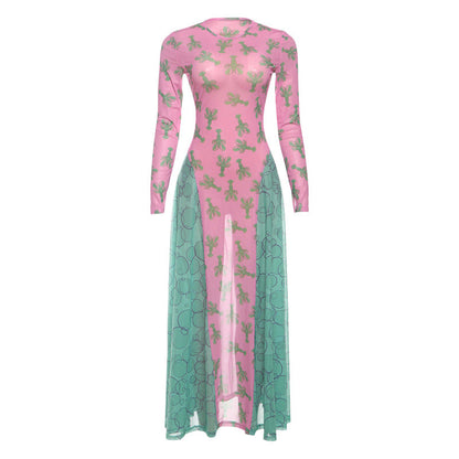 Autumn Retro Women Mesh round Neck Contrast Color Loose Waist Controlled Long Sleeves Printing Dress