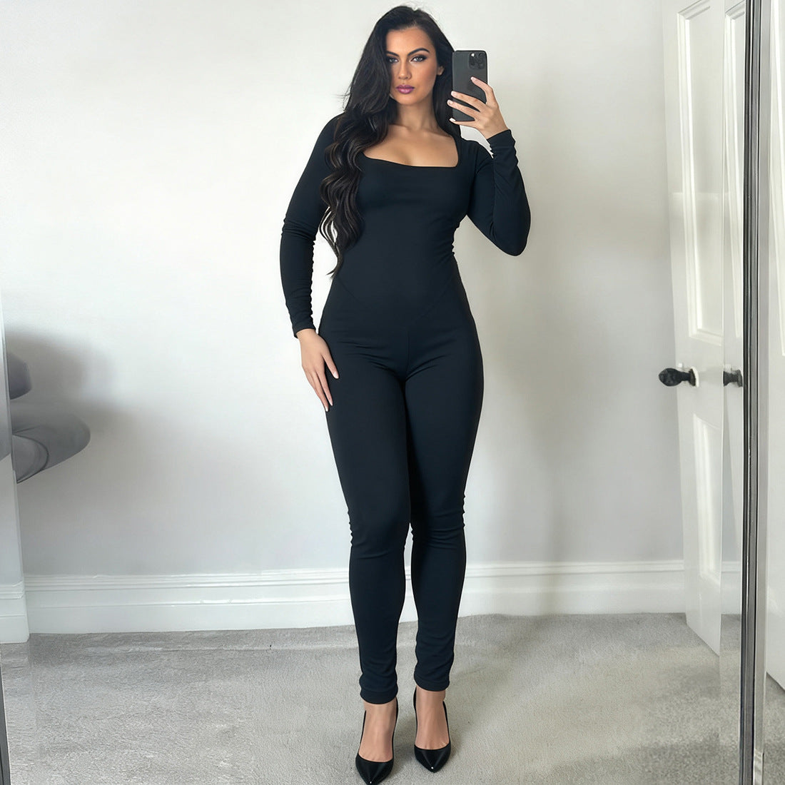 女士秋冬性感U領露背繫帶長袖純色提臀連身褲